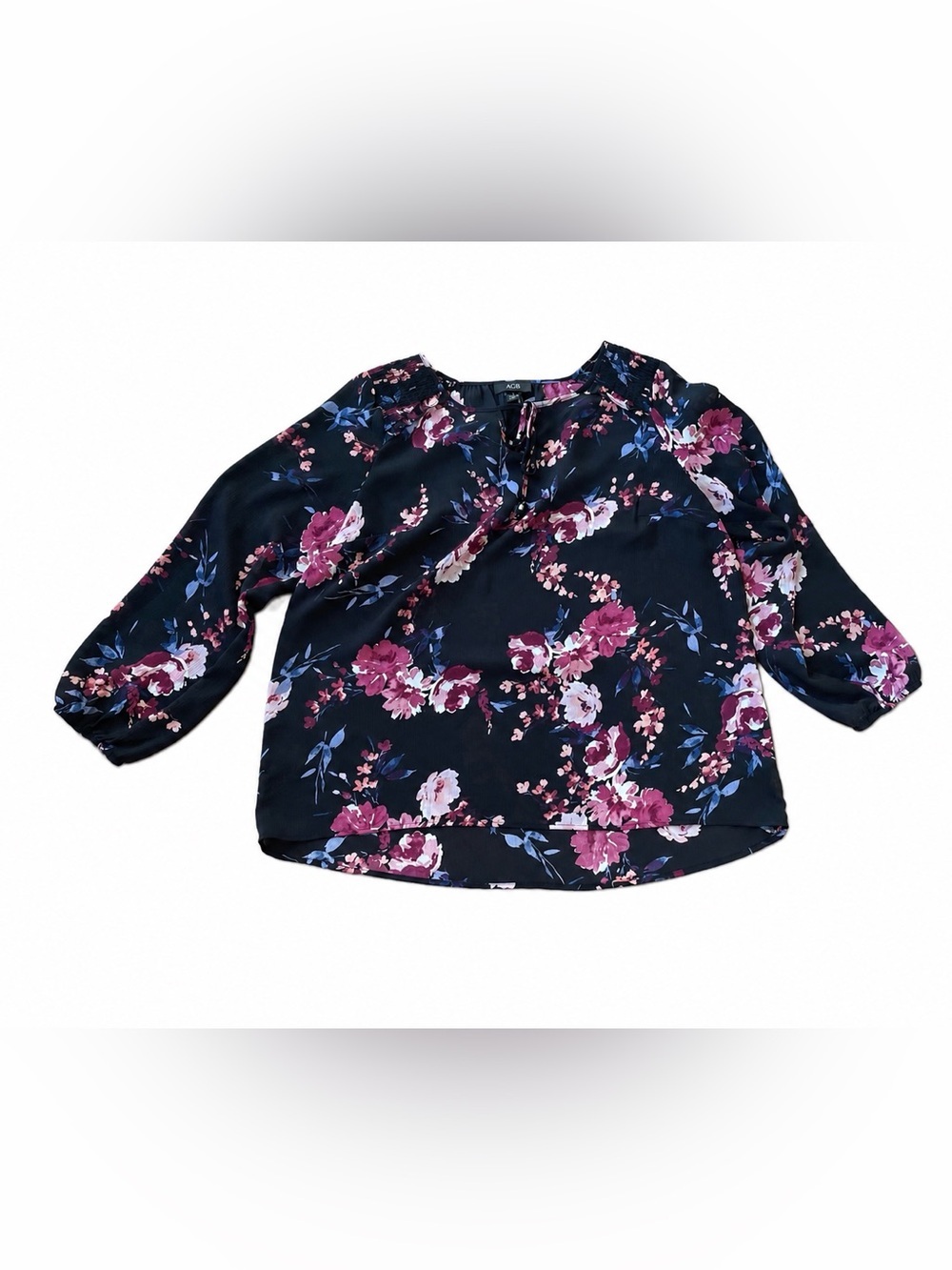 AGB XL Black Floral Peasant Blouse Tie Neck Smocked Yoke Long Sleeve Lightweight